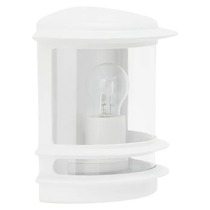 Brilliant Außenwandleuchte Hollywood - 60 W, 13 x 23,5 x 24 cm, Weiß, IP44 - Nahaufnahme einer weißen Außenwandleuchte mit einer klaren Glühbirne im Inneren, die ein helles und sauberes Design zeigt.