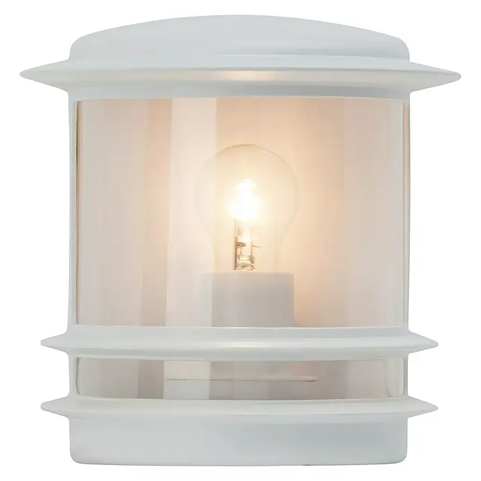 Brilliant Außenwandleuchte Hollywood - 60 W, 13 x 23,5 x 24 cm, Weiß, IP44 - Nahaufnahme einer stilvollen weißen Laterne mit einer sanft leuchtenden Glühbirne im Inneren. Die Lampe ist ideal für den Außenbereich.