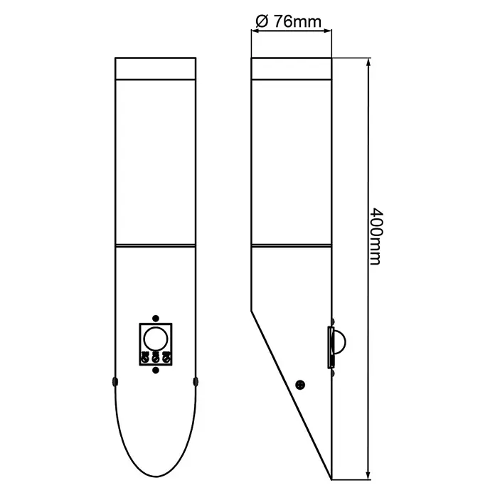 Brilliant Dody Sensor-Außenleuchte - 60 W, 17 x 7,6 x 40 cm, Schwarz, IP44 - Abbildung eines Produkts. Das Produkt hat eine zylindrische Form mit einem Durchmesser von 76 mm und eine Länge von 400 mm. Die Vorderseite ist abgerundet.