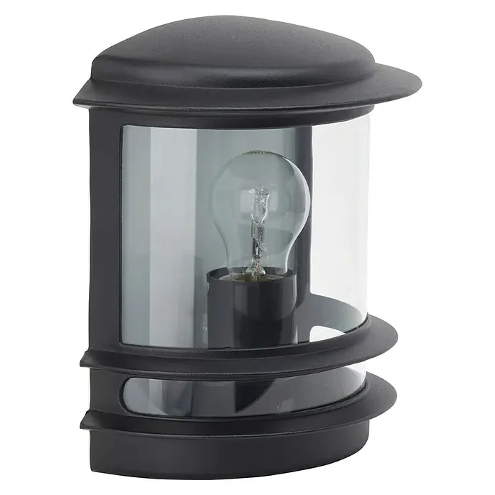 Brilliant Außenwandleuchte Hollywood - 60 W, 13 x 23,5 x 24 cm, Schwarz, IP44 - Diese Aufnahme zeigt eine elegante Außenleuchte mit einem klaren Design und einer traditionellen Glühbirne im Inneren.