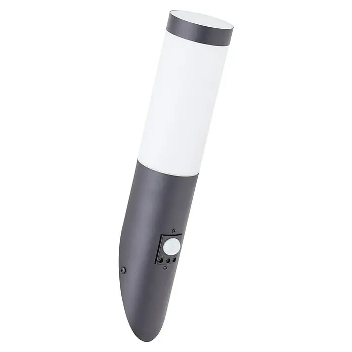 Brilliant Dody Sensor-Außenleuchte - 60 W, 17 x 7,6 x 40 cm, Schwarz, IP44 - Eine moderne Außenwandleuchte mit Bewegungssensor in dunklem Grau und Weiß sorgt für stilvolle Beleuchtung im Außenbereich.