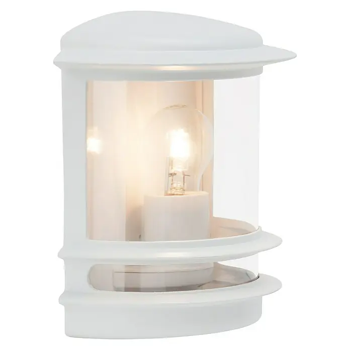 Brilliant Außenwandleuchte Hollywood - 60 W, 13 x 23,5 x 24 cm, Weiß, IP44 - Nahaufnahme einer weißen Außenleuchte mit einer klaren Glühbirne im Inneren, die ein warmes Licht ausstrahlt.\n
