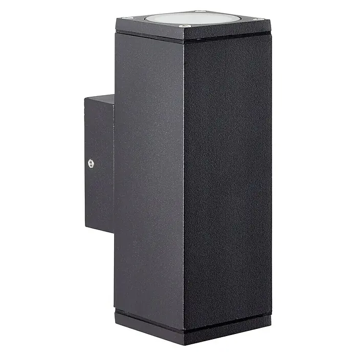 Brilliant Außenwandleuchte Hally - 60 W, 9,3 x 6,3 x 15,5 cm, Anthrazit, IP44 - Eine moderne, würfelförmige LED-Wandleuchte in Anthrazit, die eine elegante Beleuchtung für den Außenbereich bietet.