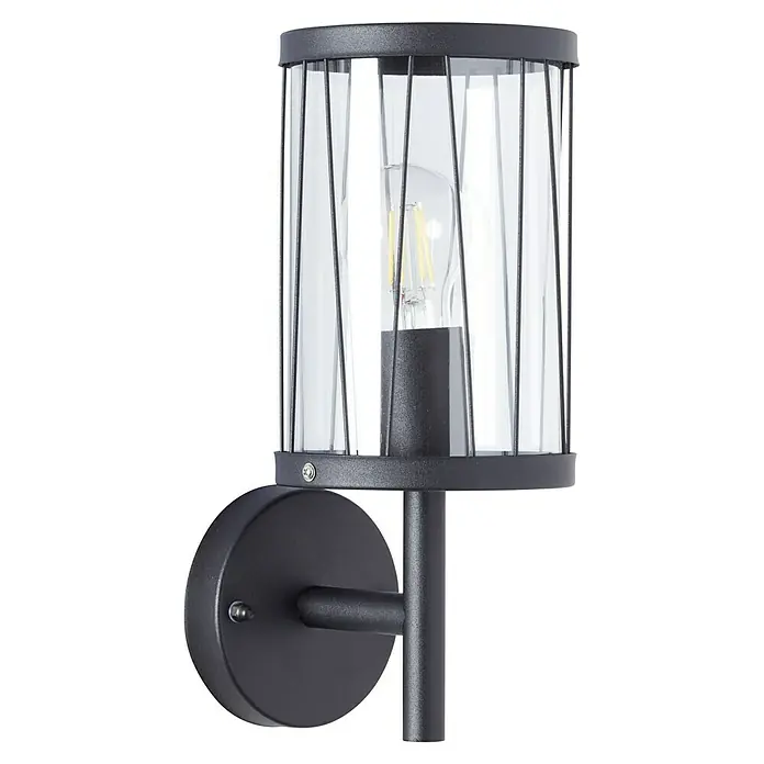 Brilliant Reed Außenwandleuchte - 60 W, Ø x H: 13,3 x 31,2 cm, Schwarz matt, E27 - Nahaufnahme einer modernen schwarzen Wandleuchte mit klarem Glasgehäuse und Edison-Glühbirne.