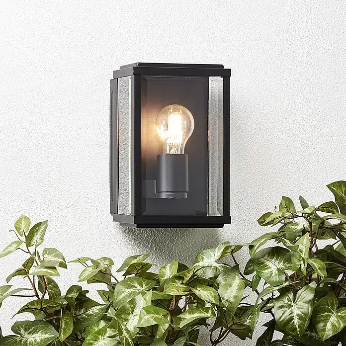 Brilliant Außenwandleuchte Gaia - 60 W, 12 x 16 x 25 cm, Schwarz, IP44 - Schwarze rechteckige Außenwandleuchte mit Klarglas und sichtbarer Glühbirne.