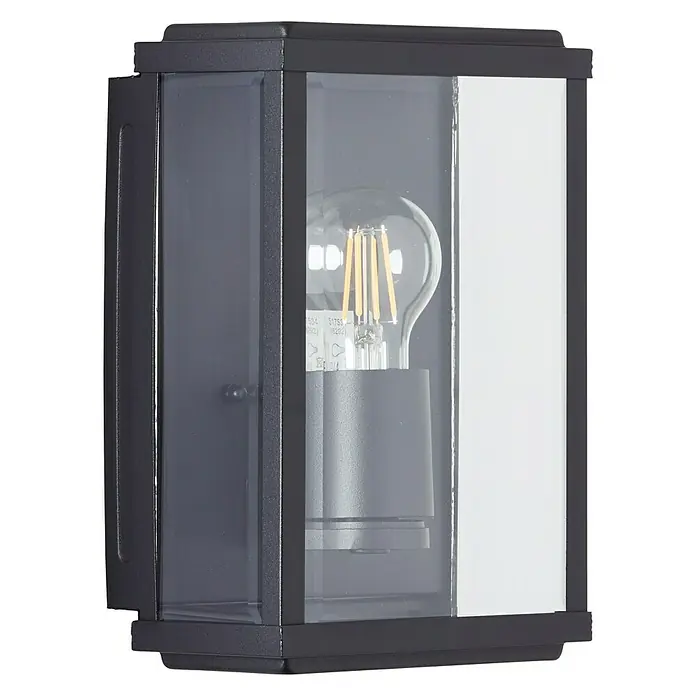 Brilliant Außenwandleuchte Gaia - 60 W, 12 x 16 x 25 cm, Schwarz, IP44 - Eine elegante Wandleuchte mit einem schwarzen Rahmen und einem klaren Glaseinsatz, die eine dekorative Glühbirne zeigt.