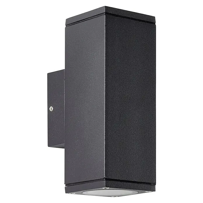Brilliant Außenwandleuchte Hally - 60 W, 9,3 x 6,3 x 15,5 cm, Anthrazit, IP44 - Nahaufnahme einer modernen, schwarzen LED-Wandleuchte. Das robuste Design zeichnet sich durch klare Linien und eine energieeffiziente Beleuchtung aus.