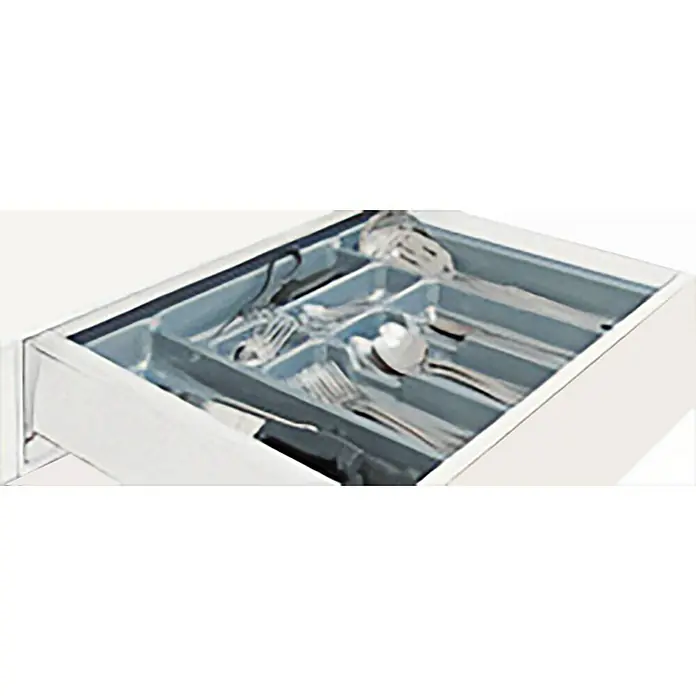 Cubertero 350 - L x An x Al: 47,3 x 25,9 x 5,3 cm, Gris - Un armario de cocina abierto con un cajón para cubiertos, que contiene varios cubiertos como cuchillos, tenedores y cucharas.