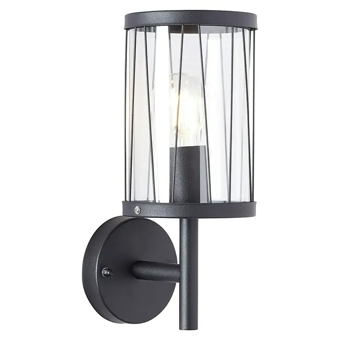 Brilliant Reed Außenwandleuchte - 60 W, Ø x H: 13,3 x 31,2 cm, Schwarz matt, E27 - Moderne Wandleuchte in Schwarz mit einem klaren, zylindrischen Lampenschirm und einem dekorativen Gitterdesign.