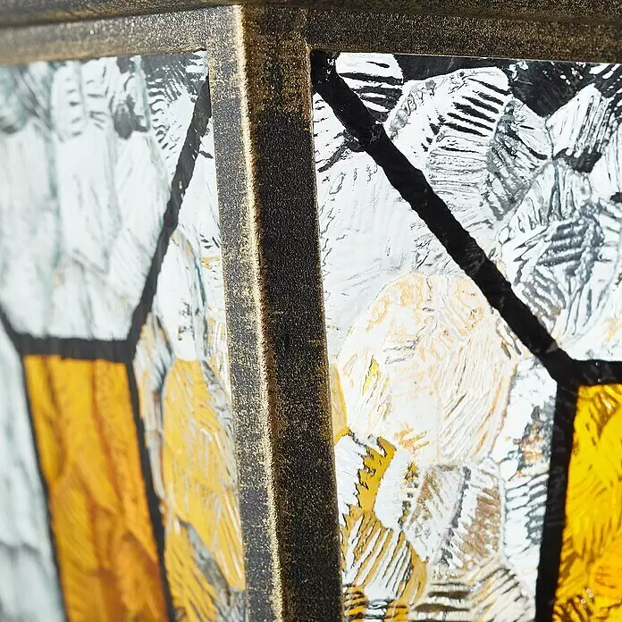 Brilliant Janel Außenwandleuchte - 20 W, 25,5 x 18 x 44,5 cm, Schwarz gold, IP44, Hängend - Texturierter dunkler Metallrahmen mit Goldsprenkeln und rauen, klaren und gelben Glasscheiben.