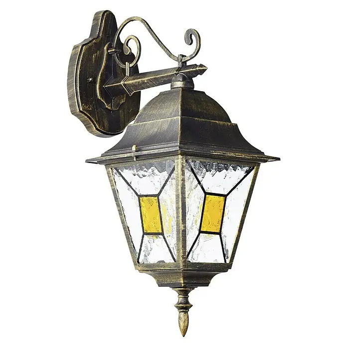 Brilliant Janel Außenwandleuchte - 20 W, 25,5 x 18 x 44,5 cm, Schwarz gold, IP44, Hängend - Laternen-Wandleuchte im Vintage-Stil mit dekorativen Elementen und gelbem Akzentglas für stimmungsvolle Außenbeleuchtung.