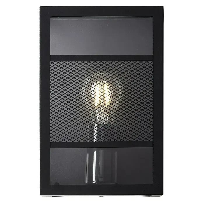 Brilliant Getta Außenwandleuchte - 20 W, 10 x 17 x 26 cm, Schwarz, IP44 - Nahaufnahme einer stilvollen, schwarzen Wandleuchte mit einem dekorativen Drahtgeflecht, das die Glühbirne umgibt und ein warmes Licht ausstrahlt.