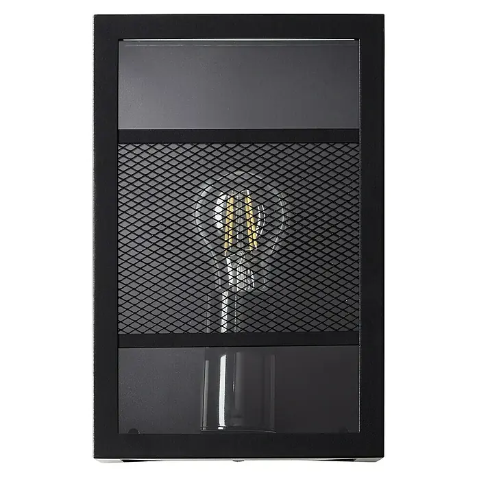 Brilliant Getta Außenwandleuchte - 20 W, 10 x 17 x 26 cm, Schwarz, IP44 - Nahaufnahme einer schwarzen Wandleuchte mit einem dekorativen Gitter und einer sichtbaren Glühbirne, die ein industrielles Flair vermittelt.