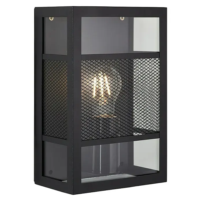 Brilliant Getta Außenwandleuchte - 20 W, 10 x 17 x 26 cm, Schwarz, IP44 - Nahaufnahme einer schwarzen Wandleuchte mit einer Edison-Glühbirne hinter einem Metallgitter und klaren Glasscheiben.
