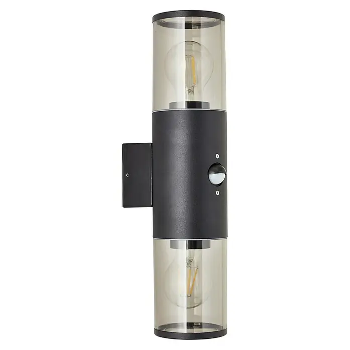 Brilliant Sensor-Außenleuchte Sergioro - 60 W, 12,5 x 9 x 33,2 cm, Schwarz matt, IP44 - Moderne Wandleuchte mit Bewegungsmelder und zwei klaren Glaszylindern, die ein warmes Licht abgeben, ideal für den Außenbereich.