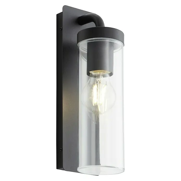 Brilliant Außenwandleuchte Aosta - 60 W, 12 x 8,5 x 30,6 cm, Schwarz matt, IP44, Hängend - Nahaufnahme einer modernen Außenwandleuchte mit klarem Zylinderglas und einer Edison-Glühbirne, die warmes Licht ausstrahlt.