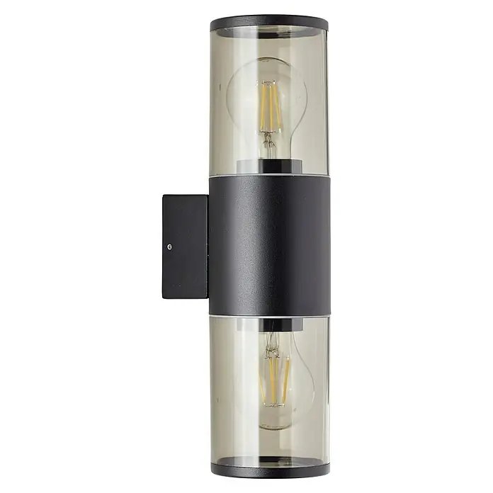 Brilliant Außenwandleuchte Sergioro - 18 W, 12,5 x 9 x 33,2 cm, Schwarz matt, IP44 - Moderne Wandleuchte mit zwei Leuchten und zylinderförmigen Gläsern in Rauchglasoptik für den Außenbereich.