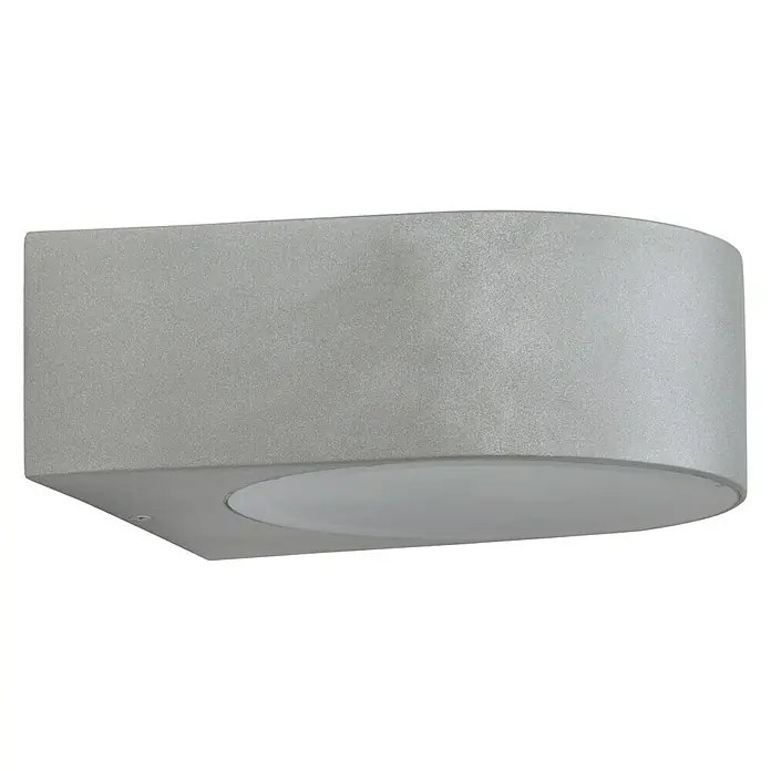 Brilliant Außenwandleuchte Tyler - 40 W, 19 x 17 x 7 cm, Titan, IP44 - Nahaufnahme einer modernen, silberfarbenen Wandleuchte mit abgerundeten Formen und sanftem, diffusem Licht für stilvolle Beleuchtung.