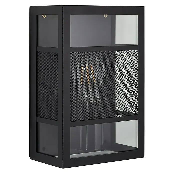 Brilliant Getta Außenwandleuchte - 20 W, 10 x 17 x 26 cm, Schwarz, IP44 - Elegante schwarze Wandleuchte mit Gittermuster und Glaseinsätzen, die eine moderne und stilvolle Beleuchtungslösung bietet.