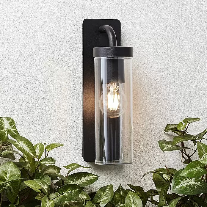 Brilliant Außenwandleuchte Aosta - 60 W, 12 x 8,5 x 30,6 cm, Schwarz matt, IP44, Hängend - Schwarze Außenwandleuchte mit klarem Glaszylinder und freiliegender Glühbirne.