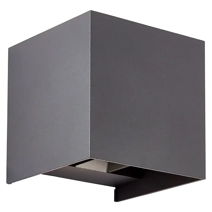 Brilliant LED-Außenwandleuchte Hilly - 6,5 W, 10 x 10 x 10 cm, Dunkelgrau, IP44 - Nahaufnahme einer quadratischen, grauen Wandleuchte, die ein modernes und minimalistisches Design zeigt.\n