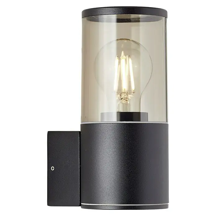 Brilliant Außenwandleuchte Sergioro - 40 W, 12,5 x 9 x 20,2 cm, Schwarz matt, IP44 - Eine moderne, schwarze Wandleuchte mit einem zylindrischen, getönten Glasdiffusor und einer LED-Glühbirne.