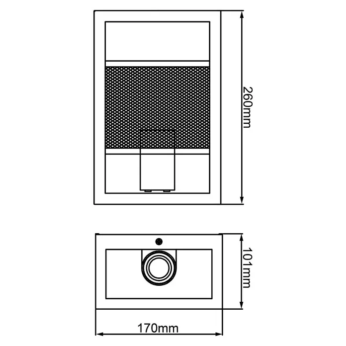 Brilliant Getta Außenwandleuchte - 20 W, 10 x 17 x 26 cm, Schwarz, IP44 - Schematische Darstellung eines Waschbeckens mit Maßen.