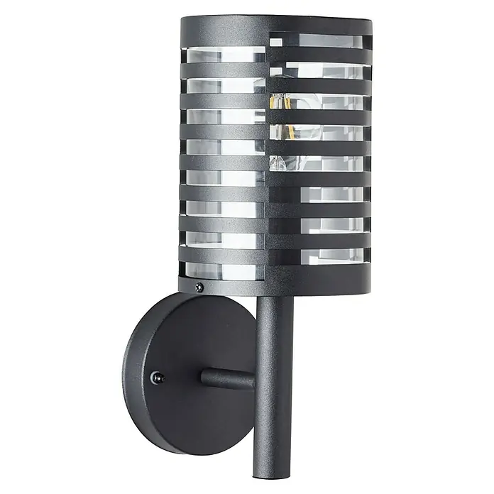 Brilliant Venlo Außenwandleuchte - 40 W, Ø x H: 12,7 x 30,5 cm, Schwarz matt, IP44 - Moderne, schwarze Wandleuchte mit zylindrischem Lampenschirm aus Streifen und Glas, ideal für Außenbereiche und zur stilvollen Beleuchtung von Wänden.