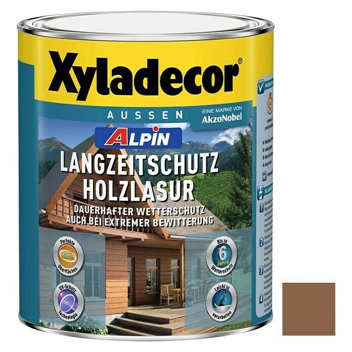 Xyladecor Langzeitschutz-Holzlasur Alpin (Kastanie, 1 l, Seidenglänzend, Lösemittelbasiert)