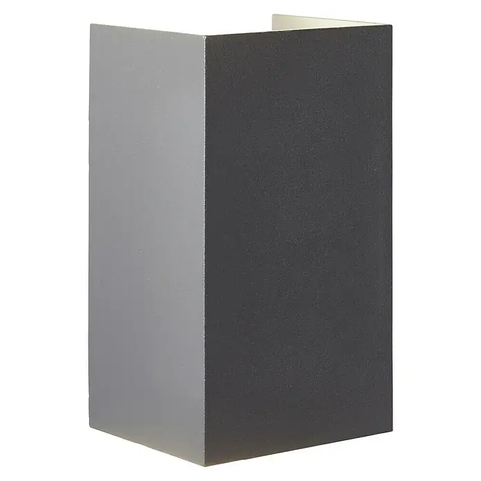 Brilliant LED-Außenwandleuchte Hilly - 8 W, 6,8 x 8 x 13,6 cm, Dunkelgrau, IP44 - Nahaufnahme einer rechteckigen, modernen Wandleuchte in Grau, die ein elegantes und minimalistisches Design zeigt.