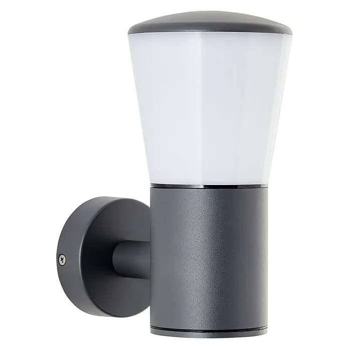Brilliant Außenwandleuchte Cliffi - 28 W, 16 x 10,5 x 20 cm, Anthrazit, IP44 - Eine moderne, graue Außenwandleuchte mit einem zylindrischen Sockel und einem diffusen, weißen Lampenschirm für eine stilvolle Beleuchtung.