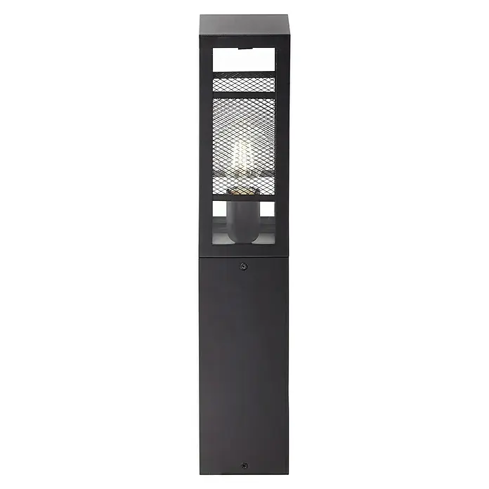 Brilliant Getta Außensockelleuchte - 40 W, Farbe Gehäuse: Schwarz, 10 x 10 x 50 cm, Ohne Leuchtmittel - Detailaufnahme einer stilvollen schwarzen Außenleuchte mit Gitter und Glühbirne, die modernes Design und funktionale Beleuchtung vereint.