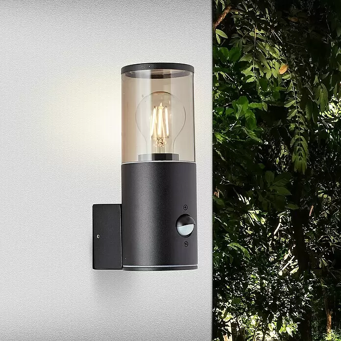 Brilliant Sensor-Außenleuchte Sergioro - 20 W, 12,5 x 9 x 20,2 cm, Schwarz matt, IP44 - Schwarze Außenwandleuchte mit Rauchglas und Filamentbirne, integriertem Bewegungsmelder, an Wand montiert, beleuchtet Laub.