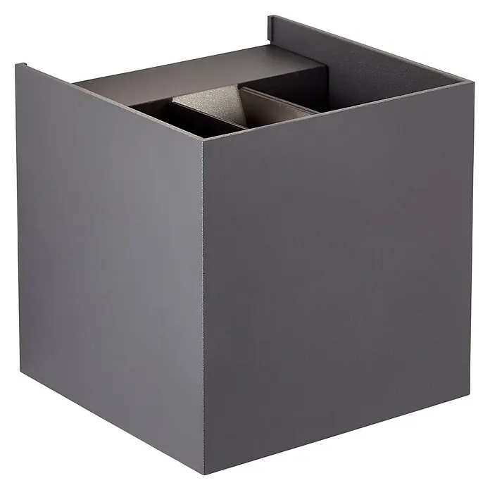 Brilliant LED-Außenwandleuchte Hilly - 6,5 W, 10 x 10 x 10 cm, Dunkelgrau, IP44 - Die Nahaufnahme zeigt eine moderne, graue Wandleuchte in Würfelform mit minimalistischem Design und indirekter Beleuchtung.