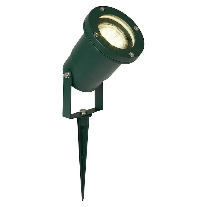 Brilliant LED-Erdspießleuchte Frasco - 60 W, Ø x H: 9,2 x 28,5 cm, Grün, IP44 - Nahaufnahme einer grünen Gartenleuchte mit Erdspieß. Die Leuchte ist auf einem schwarzen Hintergrund abgebildet und strahlt helles Licht aus.
