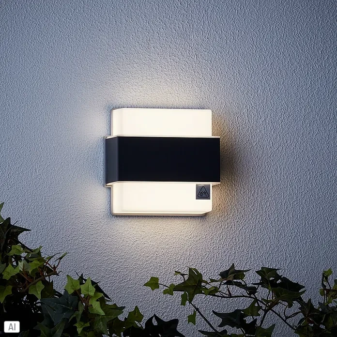Brilliant LED-Außenwandleuchte Archie - 7 W, L x B x H: 7 x 14,5 x 15 cm, Anthrazit, Neutralweiß - Nahaufnahme einer modernen Wandleuchte mit schwarzem Akzent, die ein sanftes, diffuses Licht auf eine strukturierte Wand wirft.