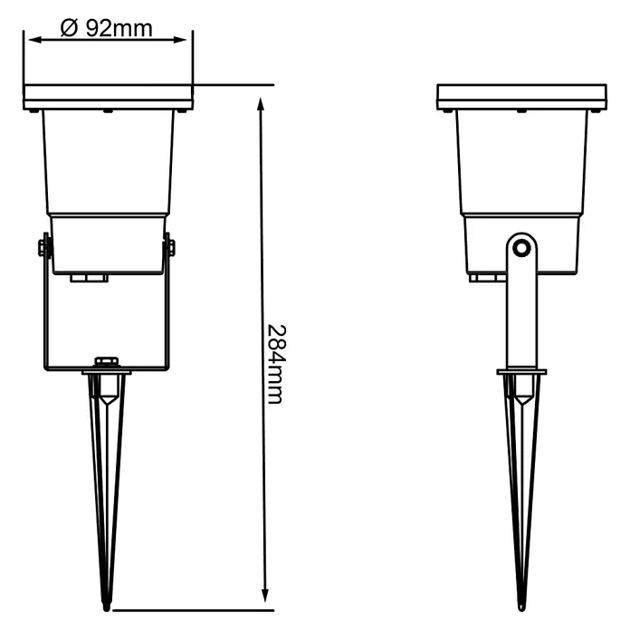 Brilliant LED-Erdspießleuchte Janko - 3 W, Ø x H: 9 x 16 cm, Schwarz, IP44 - Produktabbildung mit den Maßen des Strahlers. Durchmesser: 92 mm, Höhe: 284 mm.