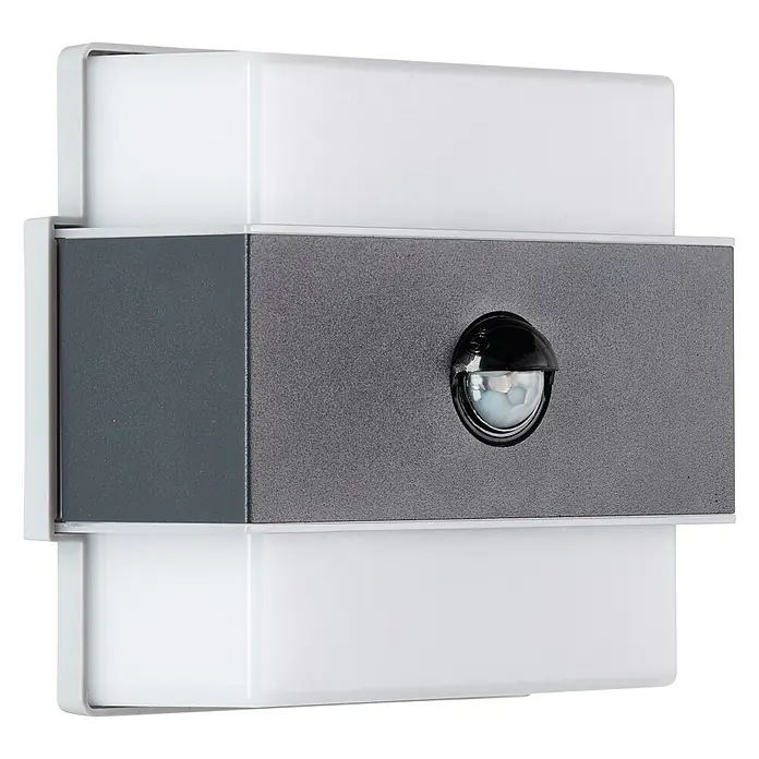 Brilliant LED-Sensor-Außenwandleuchte Archie - 7,5 W, L x B x H: 7 x 14,5 x 15 cm, Anthrazit, Neutralweiß - Eine Nahaufnahme einer modernen Außenwandleuchte mit Bewegungsmelder, die ein warmes, einladendes Licht ausstrahlt.