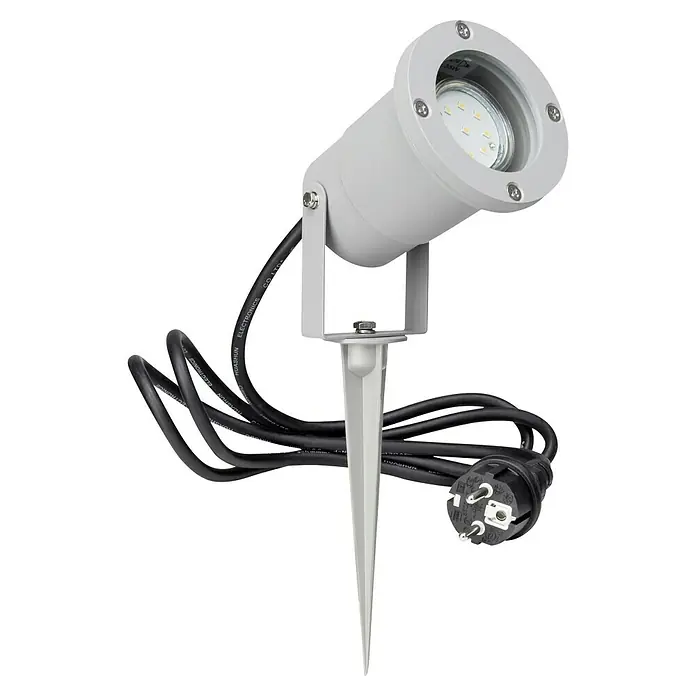 Brilliant LED-Erdspießleuchte Janko - 3 W, Ø x H: 9 x 16 cm, Grau, IP44 - Ein grauer LED-Gartenstrahler mit Erdspieß und schwarzem Stromkabel ist ein moderner Akzent für den Außenbereich.