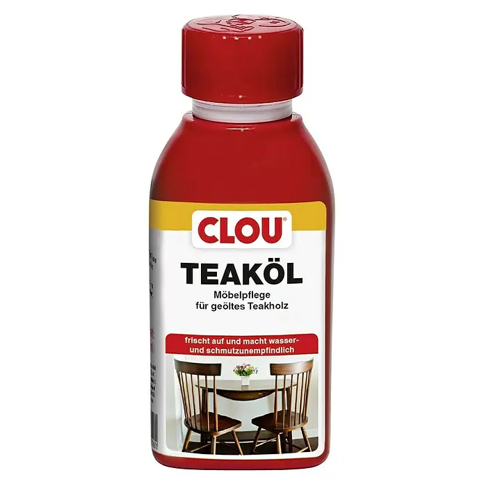 Clou Teak-Öl - 150 ml, Naturgetönt - Abbildung einer Flasche Clou Teaköl Möbelpflege für geöltes Teakholz, das die Oberfläche auffrischt und wasser- und schmutzabweisend macht.
