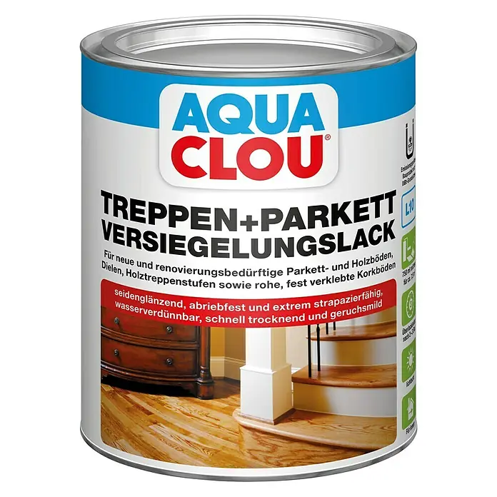 Clou Aqua Versiegelung L10 Treppen- und Parkettlack - Farblos, Seidenglänzend, 750 ml, Wasserbasiert - Dose Aqua Clou Treppen + Parkett Versiegelungslack, ein Lack für neue und renovierungsbedürftige Parkett- und Holzböden.