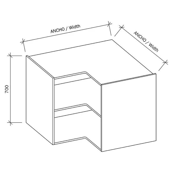 Mueble bajo rinconero de cocina casco - An x Pr x Al: 93 x 58 x 70 cm - Ilustración de una estantería esquinera con dimensiones de 700 de altura y ANCHO/Ancho en la parte superior.