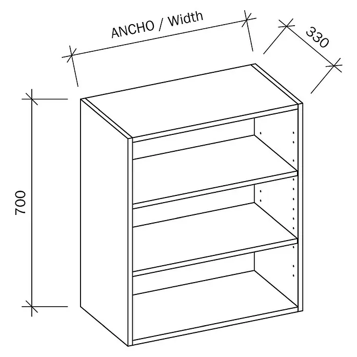 Mueble alto de cocina casco - An x Pr x Al: 45 x 33 x 70 cm - Ilustración de un estante con tres baldas, que incluye medidas de altura (700) y ancho (330) como referencia dimensional.