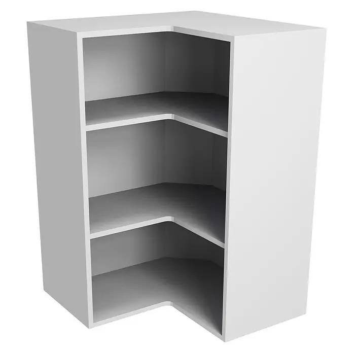 Mueble alto rinconero de cocina casco - An x Pr x Al: 63 x 33 x 90 cm - La imagen muestra un estante esquinero blanco con tres estantes, perfecto para almacenamiento que ahorra espacio en esquinas.