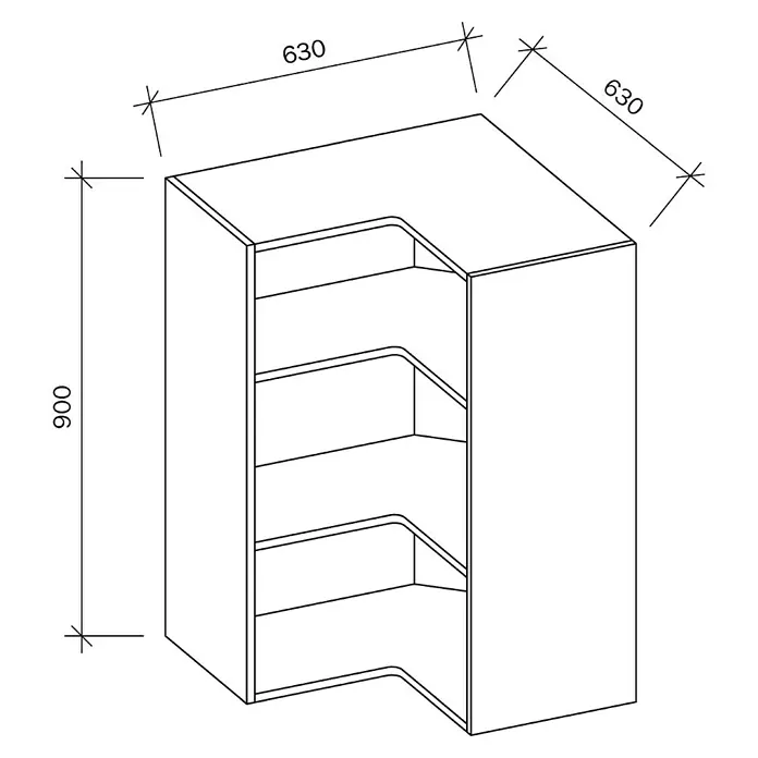 Mueble alto rinconero de cocina casco - An x Pr x Al: 63 x 33 x 90 cm - Ilustración de un armario esquinero con dimensiones. Ideal para visualizar planos de muebles.