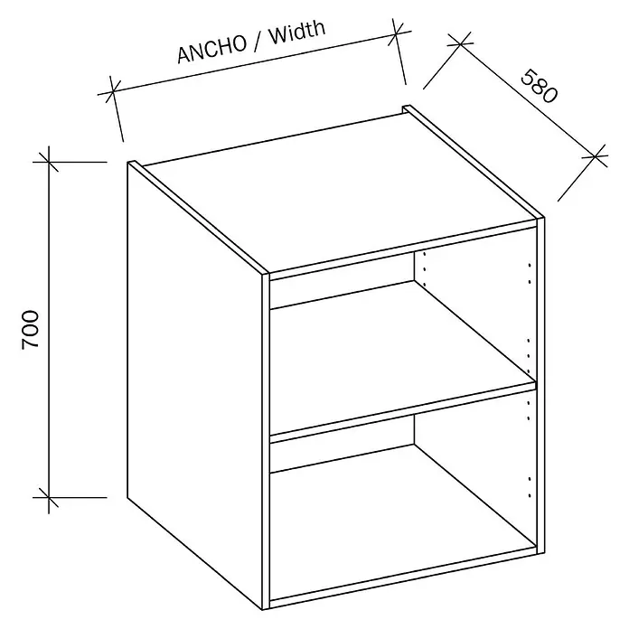 Mueble bajo de cocina casco - An x Pr x Al: 80 x 58 x 70 cm - Imagen de un armario de pared de cocina con dos estantes, las dimensiones están indicadas.