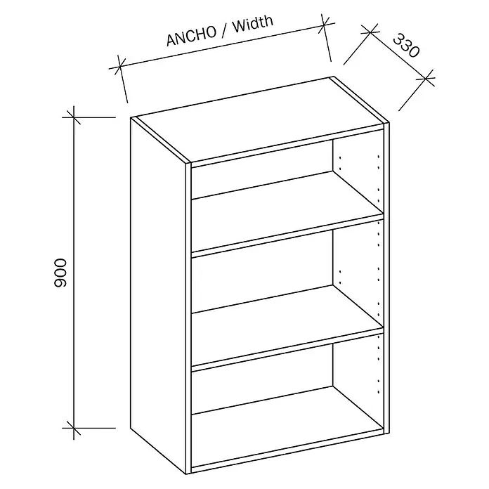 Mueble alto de cocina casco - An x Pr x Al: 30 x 33 x 90 cm - Vista isométrica de una estantería con tres estantes y dimensiones de 900 x 330 mm.