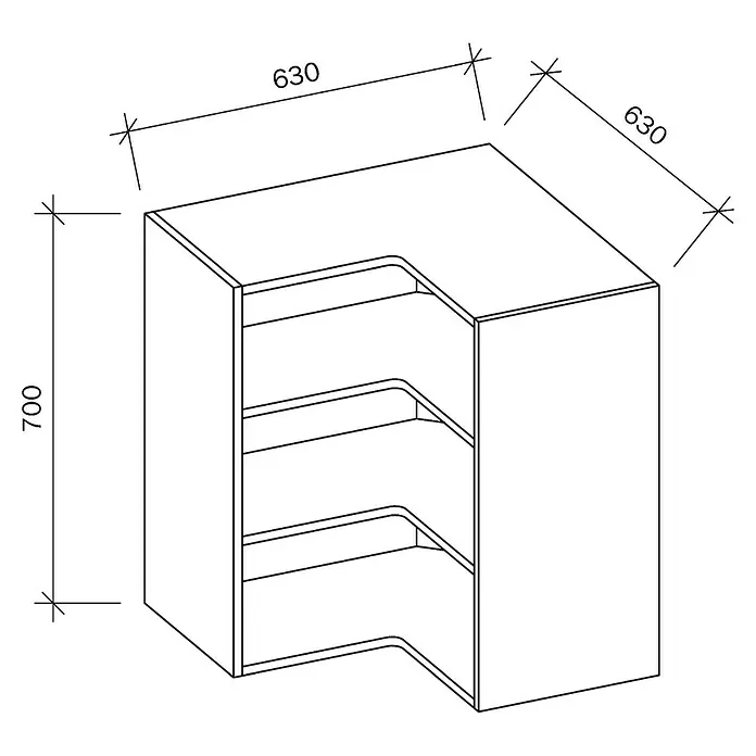 Mueble alto rinconero de cocina casco - An x Pr x Al: 63 x 33 x 70 cm - Armario esquinero con estantes abiertos de 630x630x700 mm, ideal para la cocina o el salón. Solución de esquina práctica para el almacenamiento.