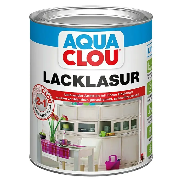 Clou Aqua Lacklasur Combi-Clou L17 - Buche, 750 ml, Seidenmatt - Dose Aqua Clou Lacklasur: Lasierender Anstrich für Holz, wasserverdünnbar und schnelltrocknend, ideal für Möbel und Innenräume.