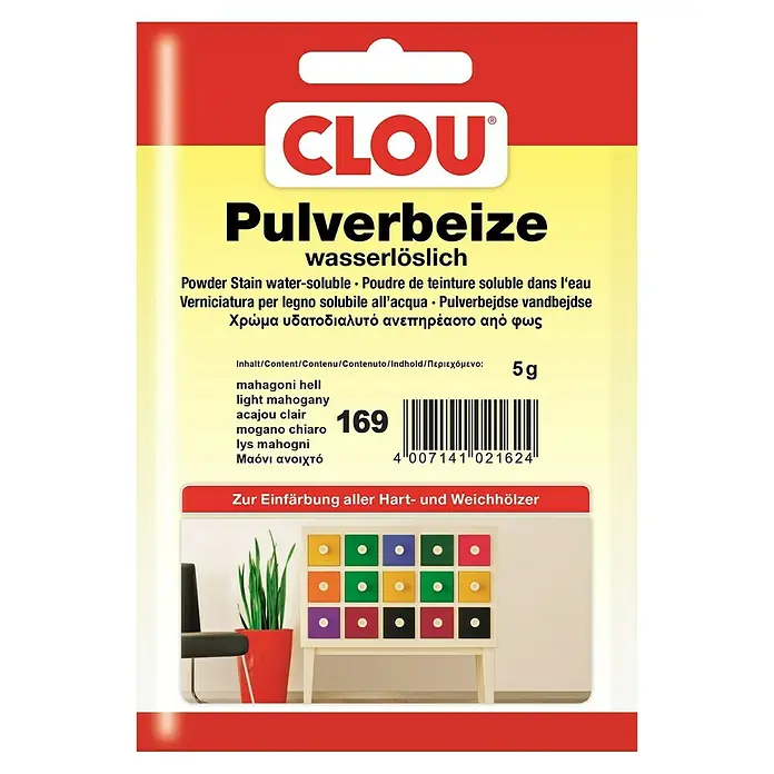 Clou Holzbeize Pulverbeize - Mahagoni hell, 5 g, Geeignet für: Alle Holzarten - Abbildung eines CLOU Pulverbeize-Produktes, wasserlöslich, zur Holzfärbung, Farbton Mahagoni hell, mit Produktinformationen.